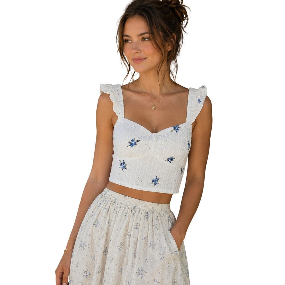 NEW Kurious sz L cottagecore eyelet cropped stretch blouse girly frill white